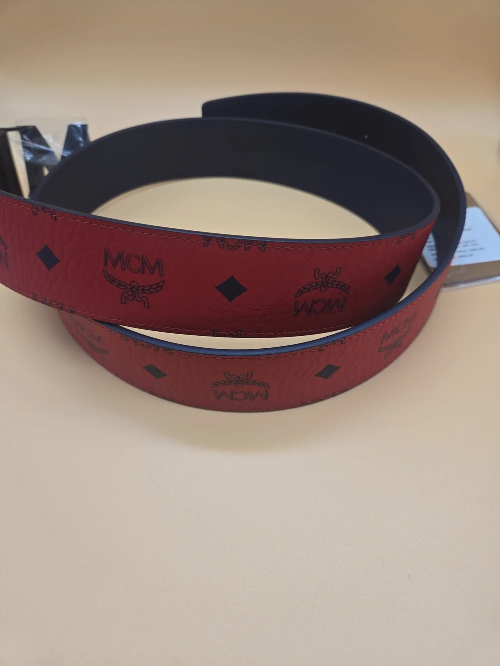 MCM Red Logo Strap Belt with Black 'M' Buckle
